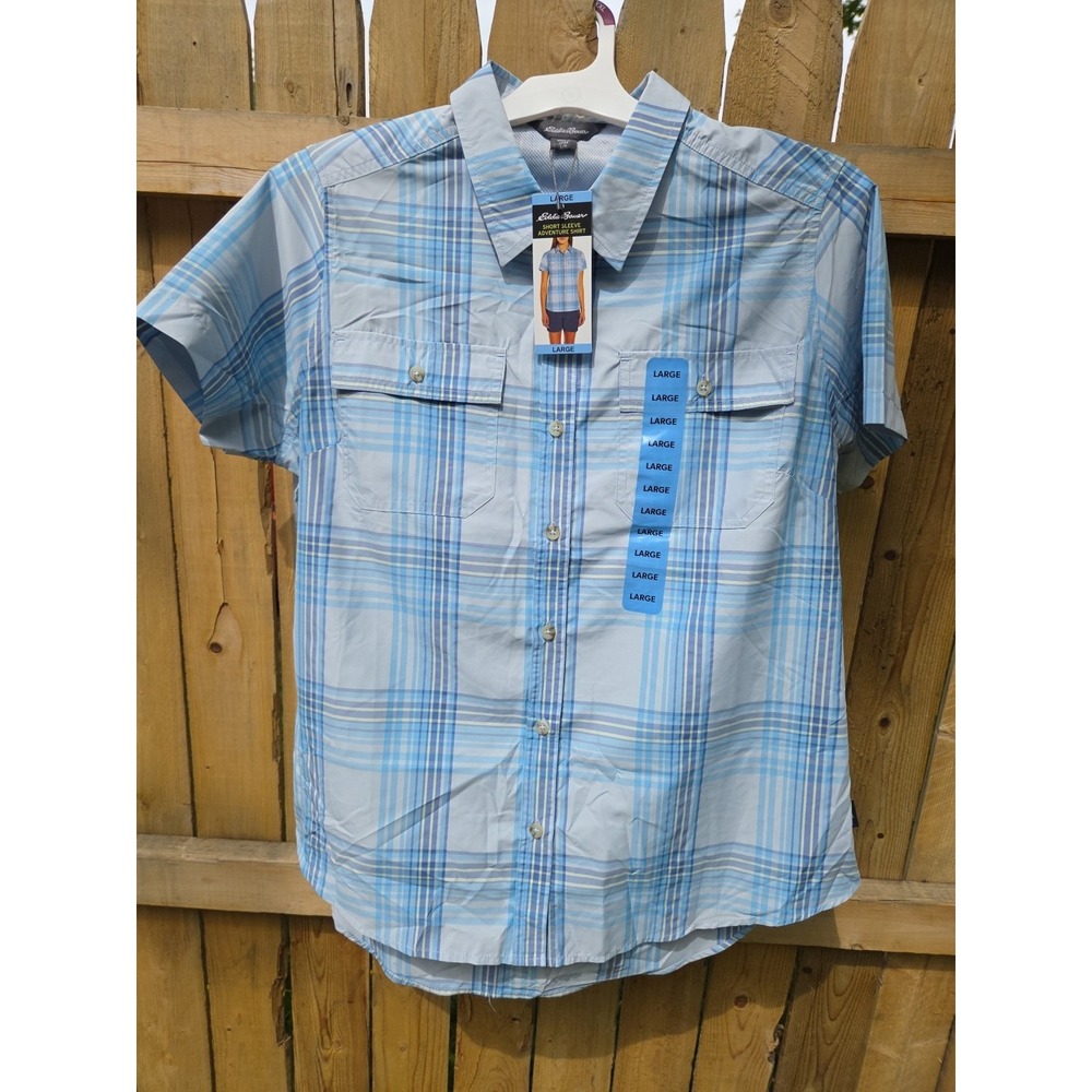 Eddie Bauer Ladies Short Sleeve Adventure Shirt, Large, Blue‎ Plaid, Button up - Picture 2 of 4